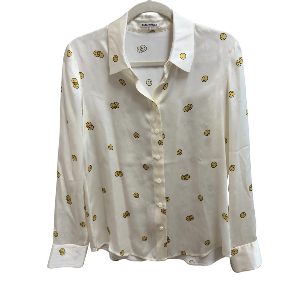 Reformation 100% Silk ‘Will’ Button Down Blouse with Yellow Smiley Faces Size S - Picture 2 of 10